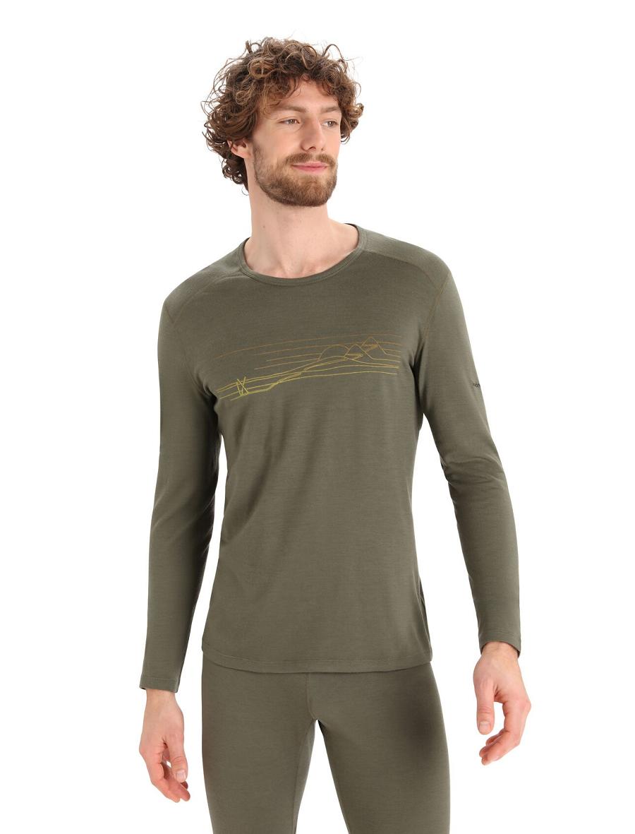 Icebreaker Merino 200 Oasis Long Sleeve Crewe Ski Stripes Miesten Base Layers Oliivinvihreä | FI 1367QMAZ